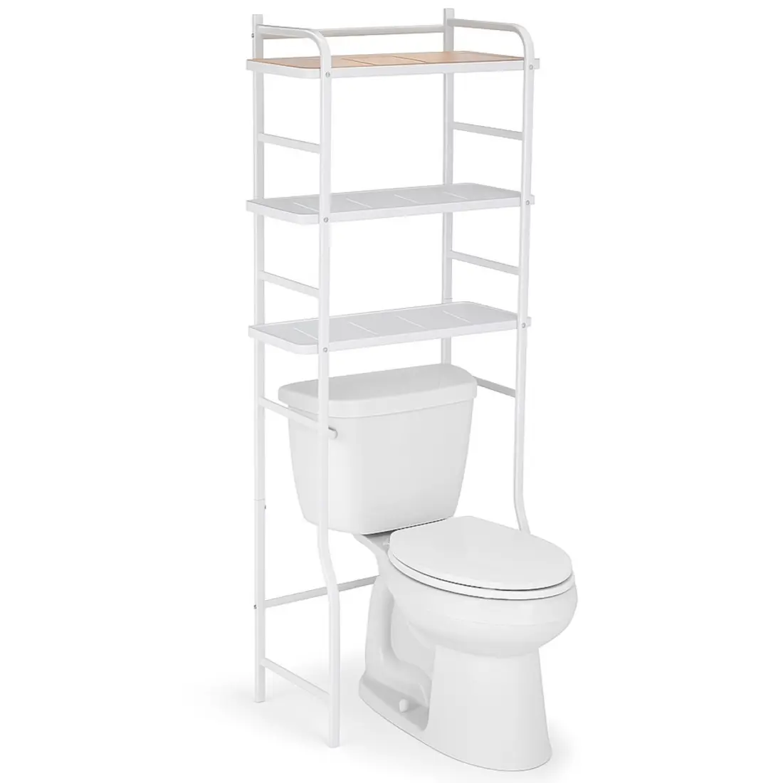 Home Zone Living 3-Tier Rectangle Over-the-Toilet Storage Shelves - Single Unit Vertical Space Organizer with Bamboo Accent, Steel Frame, Freestanding White Bathroom Storage Holder