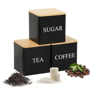 3pcs Coffee Tea Sugar Container Set, Kitchen Canister Set with Bamboo Lid, Stackable Food Storage Containers for Beans, Teas, Sugars, Spices, Grains, Snacks