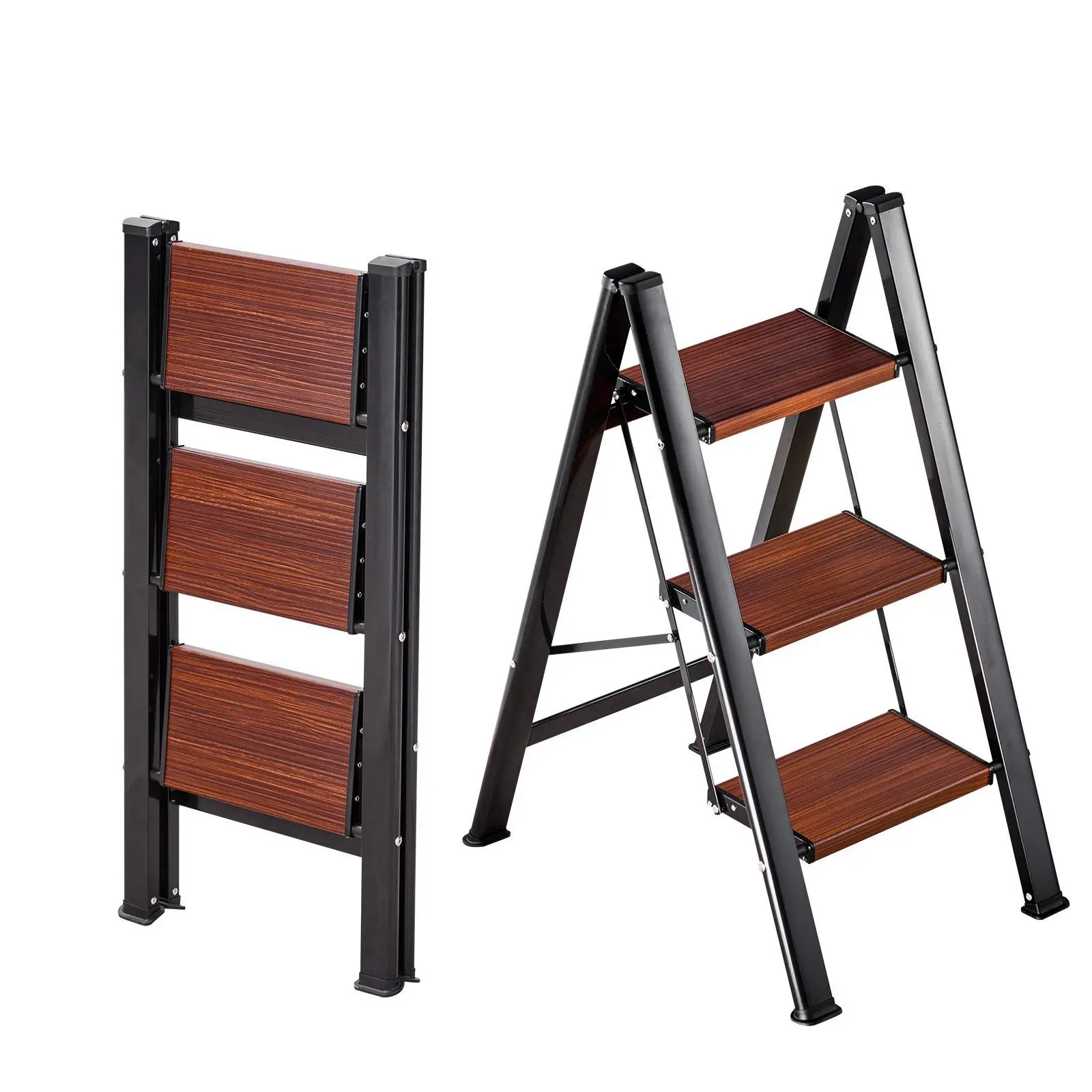 VEVOR Folding Aluminum Wood 3-Step Stool, 330lb Capacity, 5.8x17.5x3in Wide Anti-Slip Pads, Comfort Handgrip, Portable, for Adults, Both Indoor/Outdoor Home Use#SohoChic