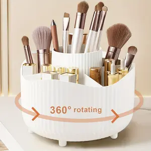 360 Degree Rotating Makeup Organizer Box, 5 Grids Plastic Cosmetic Storage Rack, Luxury Stripe Design, Portable Brush Holder, Accents, Beauty Organizer
