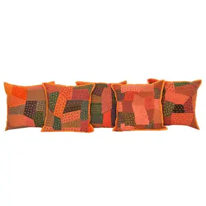 Kantha Multicolored Patchwork Orange Cushion Covers Decorative Pillow Case