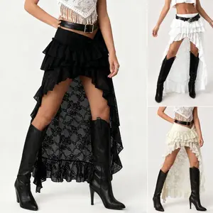 Women Flower Lace Skirt, Elastic Waist High Low Layered Ruffle Skirt Casual Summer Streetwear, Ladies Clothes for Daily Wear