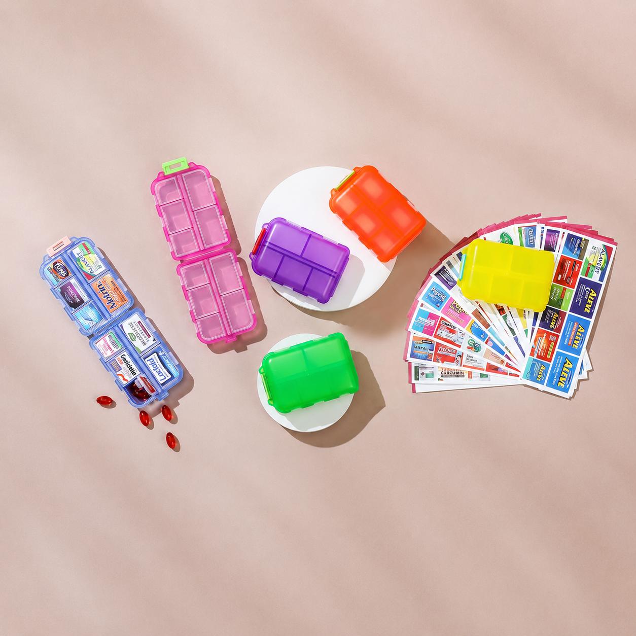 UFORU Travel Pill Organizer Box with 146 Labels, 10 Compartment Small Pill Case Medicine Kit, Portable Pocket Purse Pharmacy, Daily Weekly Vitamin Supplement Medication Holder（no pills)dealsforyou#SummerWins