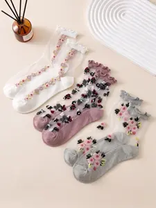 3 Pairs Long Tube Silk Floral Socks, Vintage Elegant Lightweight Breathable, Perfect for Spring Summer Dresses, Soft Elastic Design
