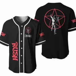 Personalized Rush Baseball Jersey, Custom Name Rock Shirt, Prog Rock Fan Apparel, Unisex Button Down Jersey, Concert Streetwear Outfit, Retro Band Merch Style, Custom Back Print, Classic Rock Gift, Black Red Aesthetic Jersey