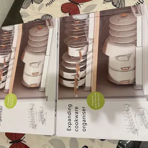 Pot and pan organizer rack, adjustable baking rack and pot lid rack, expandable kitchen organizer rack with partitions - for storing pots, pans, pot lids and baking utensils under the cabinet.