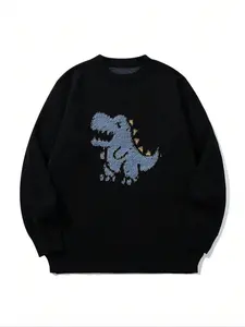 Men's Fall Winter Casual Loose Fit Knitted Sweater, Cute Dinosaur Cartoon Pattern, Long Sleeve Round Neck Pullover, Versatile Commuter Wear, Knitwear, Casual Fashion Knitwear