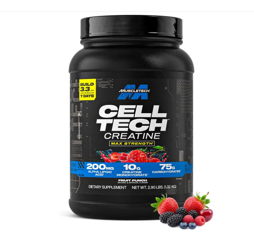 MuscleTech Creatine Monohydrate Powder - Cell-Tech Creatine Powder, 2.9LB Post Workout Recovery Drink, Muscle Builder, & Musclebuilding Supplement - Fruit Punch (27 Servings)