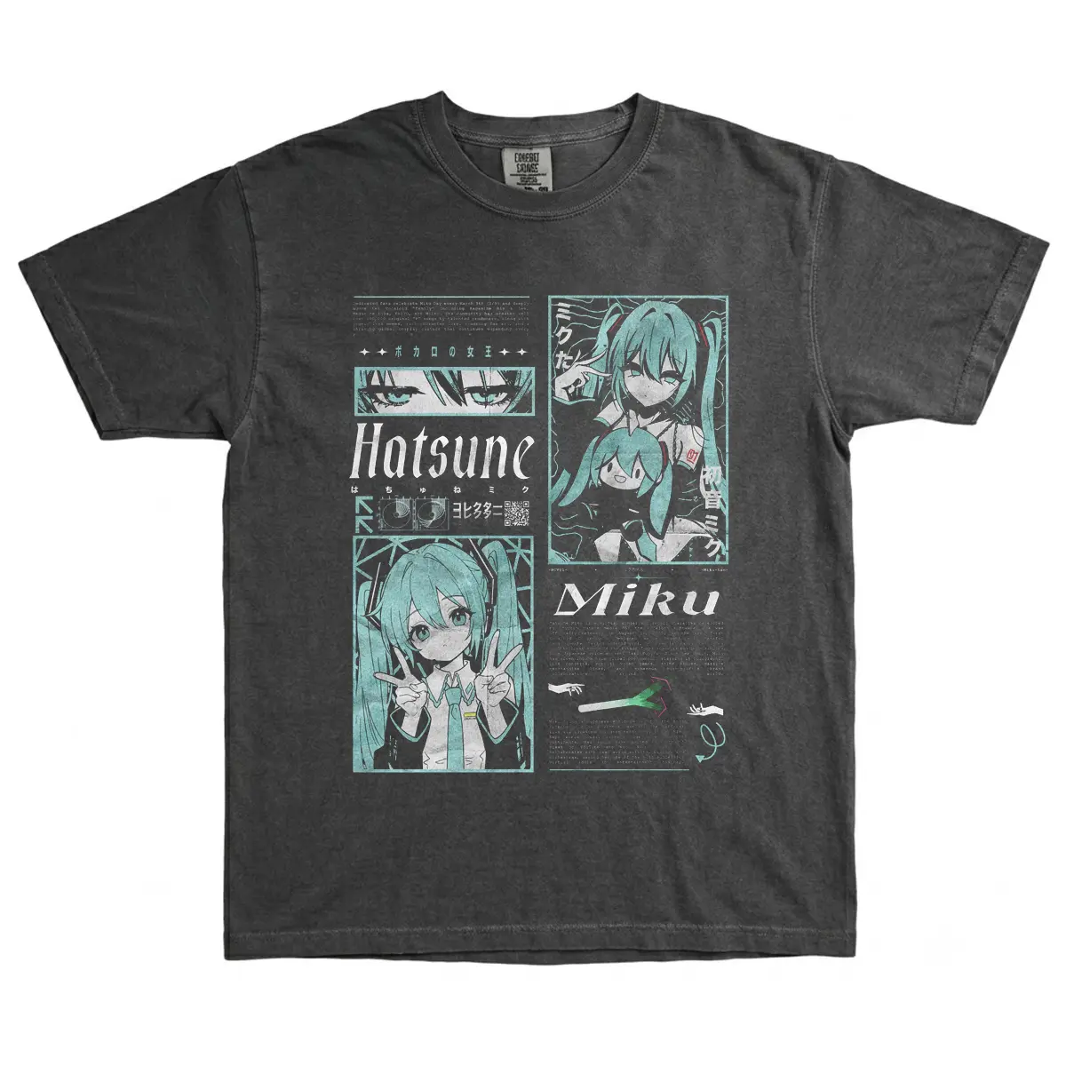 Hatsunee Miku Manga Collage Graphic T-Shirt, Teal Virtual Singer Anime Tee