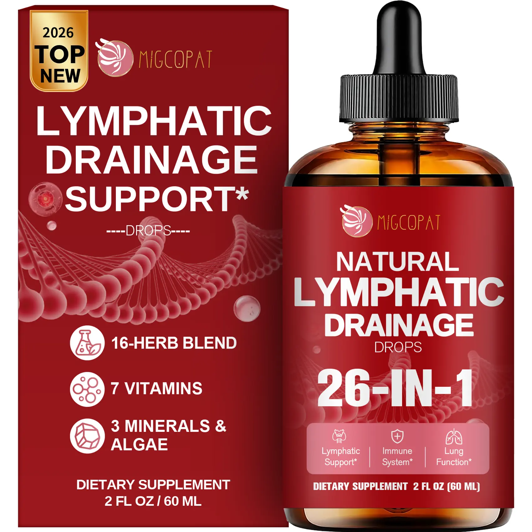 Migcopat 26-in-1 Liposomal Lymphatic Drainage Drops with Turmeric,Echinacea | Vitamins, Dandelion, Zeolite, Vegan, Alcohol-Free, Strawberry Flavor, 2 fl oz,#backtoschool