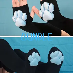 Black Thigh High Cat Paw Socks & Glove Set– Blue Plush Paw Pads