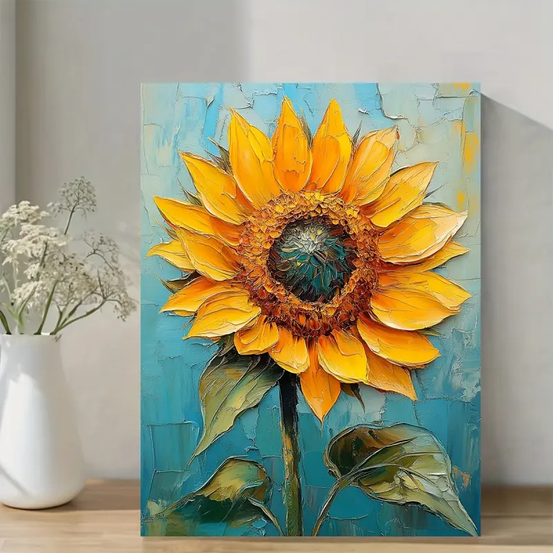 1 Framed Sunflower Oil Painting-Heavy Texture Oil Painting with Wooden Frame, Yellow Sunflower Flower Art, Living Room, Bedroom, Office Vitality Plant Wall Decoration-Home Decorative Gift, Handicrafts, Decorative Art, Exclusive to High-End Designers, Qual