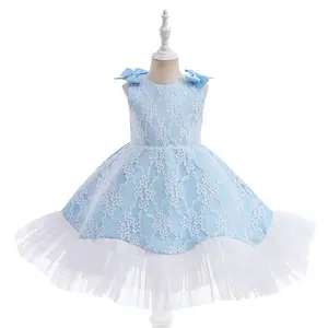 3-10Y Sky Blue 5358 Bow Kids Clothes Flower Girls Frock Ball Gown Pageant Children Elegant Princess Prom Host Formal Evening Party Banquet Cocktail Dress