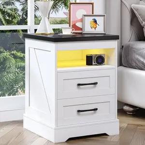 White Farmhouse Nightstand Cabinet - Modern Indoor Furniture, Farmhouse Coffee Table Alternative, End Table with LED Lights, Built-in Power Outlets, USB Ports, 2 Drawers & Open Storage Shelf for Bedroom