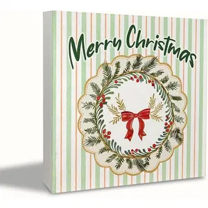 Merry Christmas Wreath Wooden Box Sign, Coquette Christmas Decor, Preppy Red Bow Xmas Wreath Holly Berries Wood Box Block Sign for Home Office Desk Tabletop Shelf Decoration 5x5 Inch