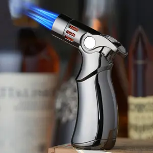 Torch Lighter, Quad 4 Jet Flame Refillable Butane Lighters, Adjustable Windproof Lighter, For Grill BBQ Candle Camping, Gift Idea (No Butane Gas)