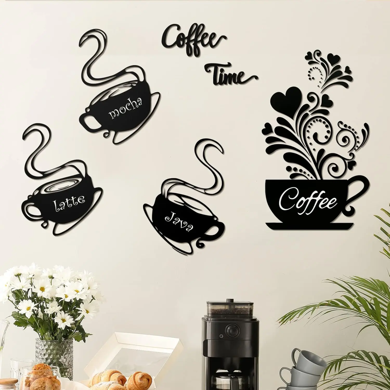Coffee Wall  - 5 Count Coffee Mug Latte Mocha Stickers for Kitchen Decor with "Coffee Time" Design