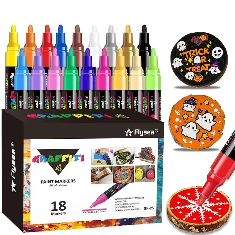18 Colors Waterproof Acrylic Paint Marker Pen Set, 18pcs/set Simple Portable Multi-purpose Paint Maker Set, for Glass, Stone, Paper, Metal, Wood, Canvas, Plastic Paint Pens Markers, Acrylic Drawing Markers, Art Markers Set, Painting Supplies