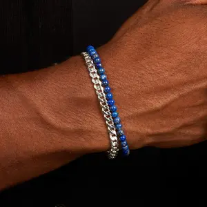 Blue Lapis + Curb Stack, Sterling Silver