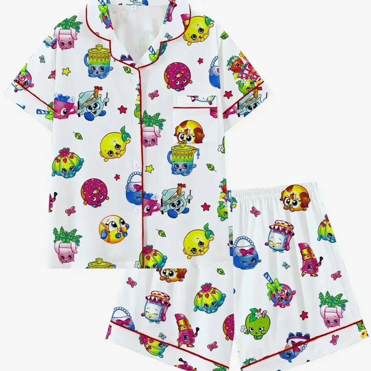 Kidcore Aesthetic Kawaii Cartoon Pajama Set | Cute Colorful Food & Toy Print Sleepwear | Soft Short Sleeve Button Down Lounge Outfit with Red Piping | Fun 2-Piece Summer PJs | Nostalgic Sleepover Nightwear
