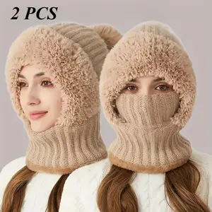 2pcs Women's Winter Hat with Integrated Neck Warmer Face Shield My Birthday Beanie Fall Outfits Plus Size Fall Outfits 2025 2000s Outfits Streetwear Christmas Gifts Birthday Decorations Halloween Decor Christmas Decor Blanket Sale Thickened Velvet Warm