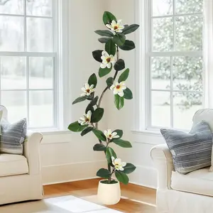 【Christmas Gift】Rubber Tree  Artificial Tree In White Planter Pot,Faux Plants Indoor Faux Floor Plant Artificial Plants with 8 Pcs Magnolia Flowers for Home Decor 5ft Decorative Fruit Round Moss Nature Ornaments