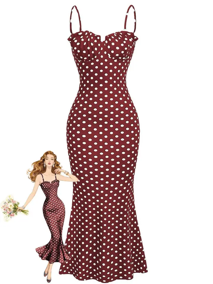 Red 1930s Polka Dot Spaghetti Strap Fishtail Dress Outfit Evening Party Vintage Fashion Homecoming Backtoschool Falloutift