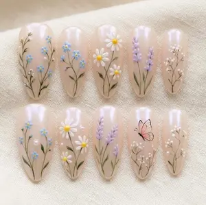 Hand-Painted Wildflower Press On Nails, Pastel Floral Garden Design