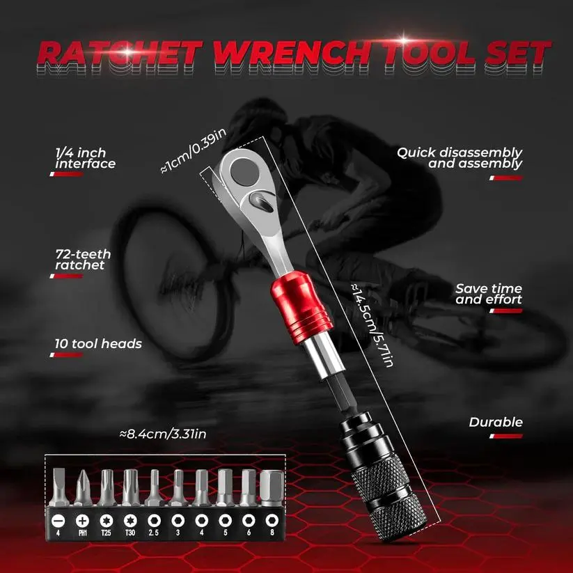 ROCKBROS Compact Wrench Tool Set, 1/4 Inch Drive Socket Set with Detachable 72-Tooth Ratchet for Bike Maintenance, Includes Allen Hex & Torx Sockets, Ratchet Wrenches, Effortless Rotation, Metal Base, 72-Teeth Ratchet