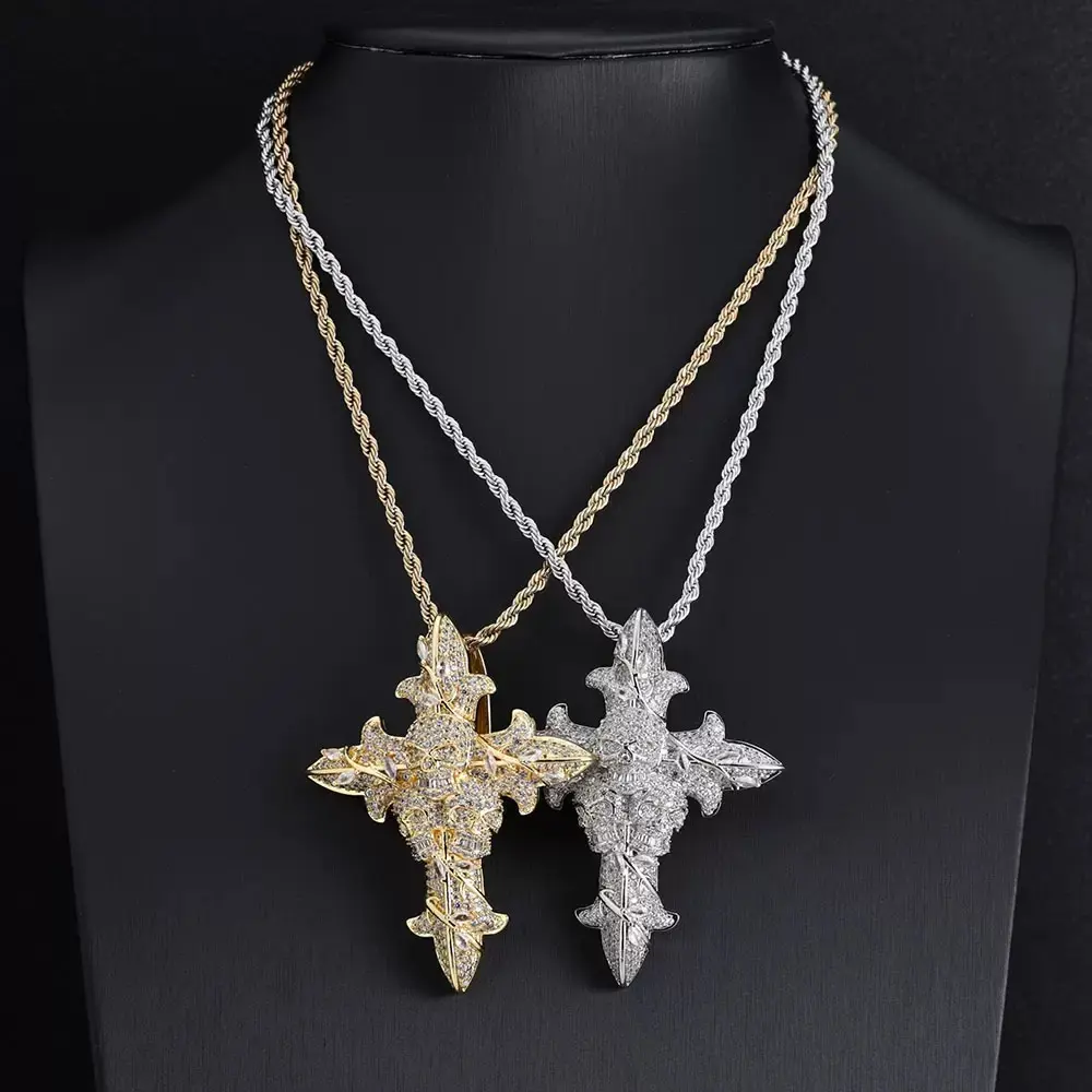 Rhodium-Plated 60cm Fashion Male Hip Hop Wear Cuban Chain, Skull Cross Full Zircon Pendant Necklace, Moissanite Bling Stylish Costume Jewelry Gift for Boyfriend