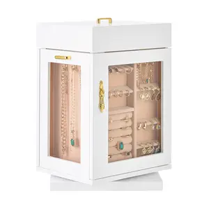360° Rotating Jewelry Organizer, Large Capacity White Jewelry Box with Glass Door, Multi-Layer Jewelry Storage Case with Necklace Hooks & Drawers for Rings Earrings Bracelets