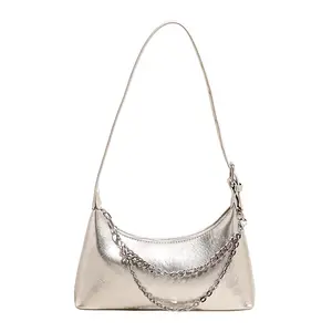 Trendy Double-Chain Crescent Hobo Shoulder Bag — Y2K-Style Ruched Vegan Leather Underarm Bag — Edgy Silver-Chain Accent Crossbody Bag