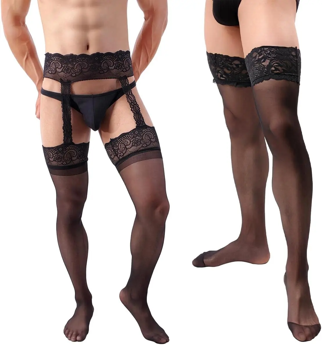 2-pack: Black Lace Stockings and Pantyhose for Men, Men's Sexy Suspender Thigh High Socks Sissy Lingerie