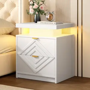 【Valentine's Day gift】ONBRILL White Nightstand with Charging Station and LED Lights, Smart Night Stand, Modern Bedside Table with Drawers, RGB Lights, Power Outlets, USB and Type-C Ports, End Side Table for Bedroom Office