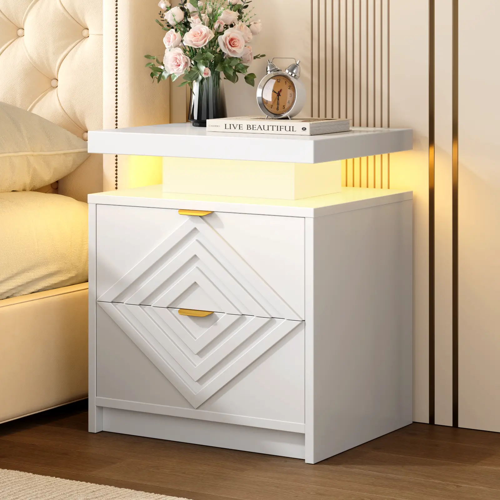 【FallDealsForYou】ONBRILL White Nightstand with Charging Station and LED Lights, Smart Night Stand, Modern Bedside Table with Drawers, RGB Lights, Powe