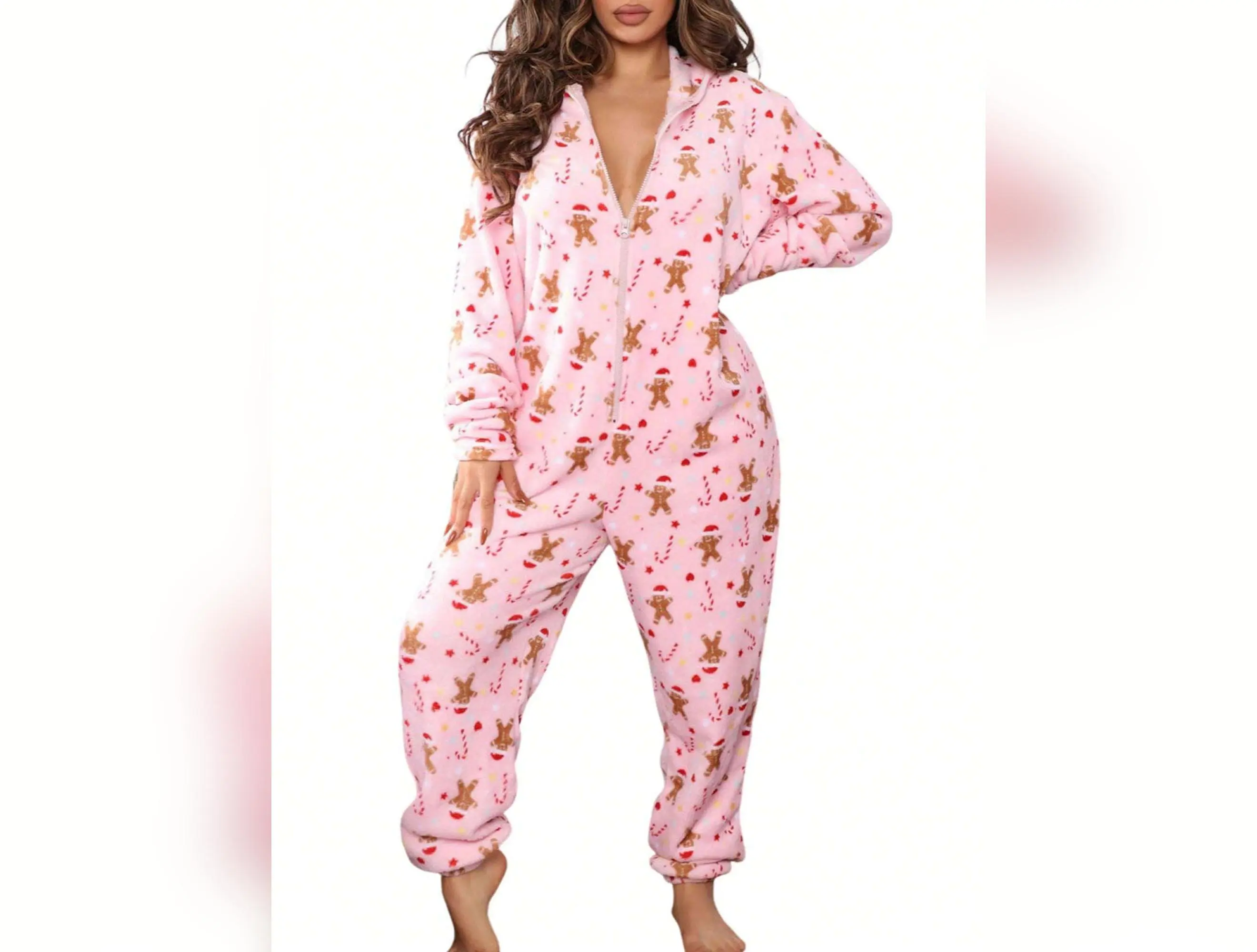 Christmas Floral Print Long Sleeve Hooded Jumpsuit Romper with Zipper for Women, Pink Sweatshirt, Regular Fit - Loungewear
