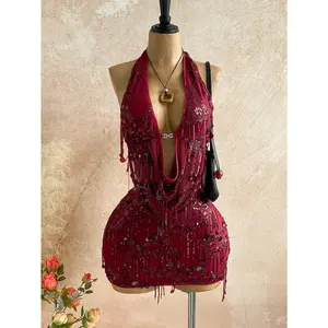 Women's 2pcs Fitted Sequin Fringe Set Drape Neck Cowl Camisole and Mini Skirt Two Piece Outfit for Music Festival Rave Party Club Night Out Sparkle