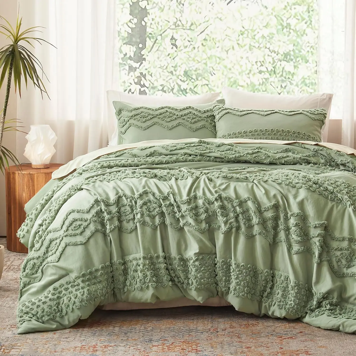 Sage Green Tufted Comforter Set  Size 3 count Boho Shabby Chic Comforter Farmhouse Embroidery Bedding Set Soft Comforter for All Seasons (Sage Green, 104''x90'')