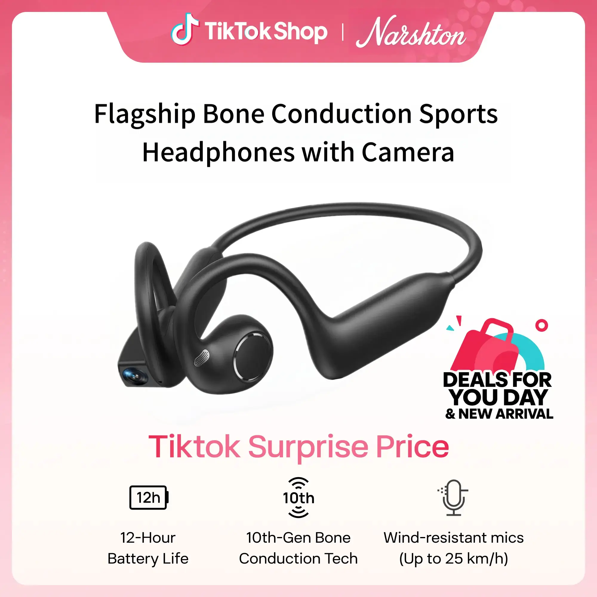 Narshton Bone-conduction photography headphones featuring an 8-megapixel camera and ENC noise cancellation—empowering your everyday creativity. Ideal for sports, travel, and vlog