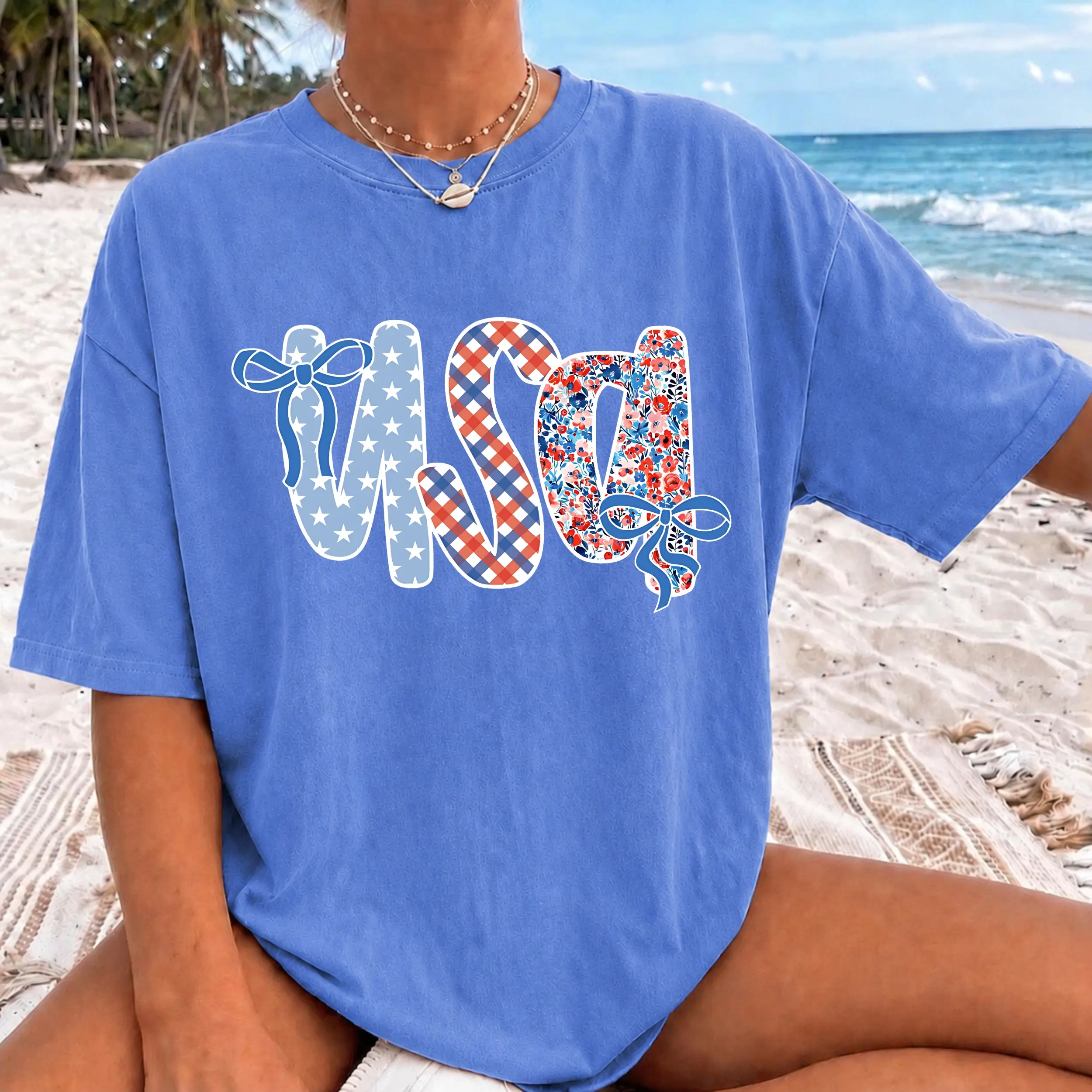 Comfort Colors Coquette Floral USA T-Shirt, Preppy America 1776 Graphic Tee, Patriotic Stars and Stripes Shirt, Cute 4th of July Outfit Top for Women