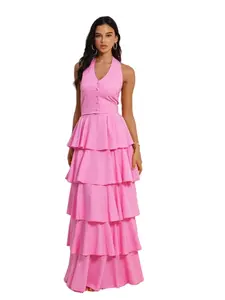 PULKRITU Women's Two-Piece Set, Fitted, Sleeveless Twist Front Halter Cami Tops & Ruffled Layered Skirt, Perfect for Holidays & Birthdays, Cascading Ruffles Maxi Skirts, Fall Winter 2025