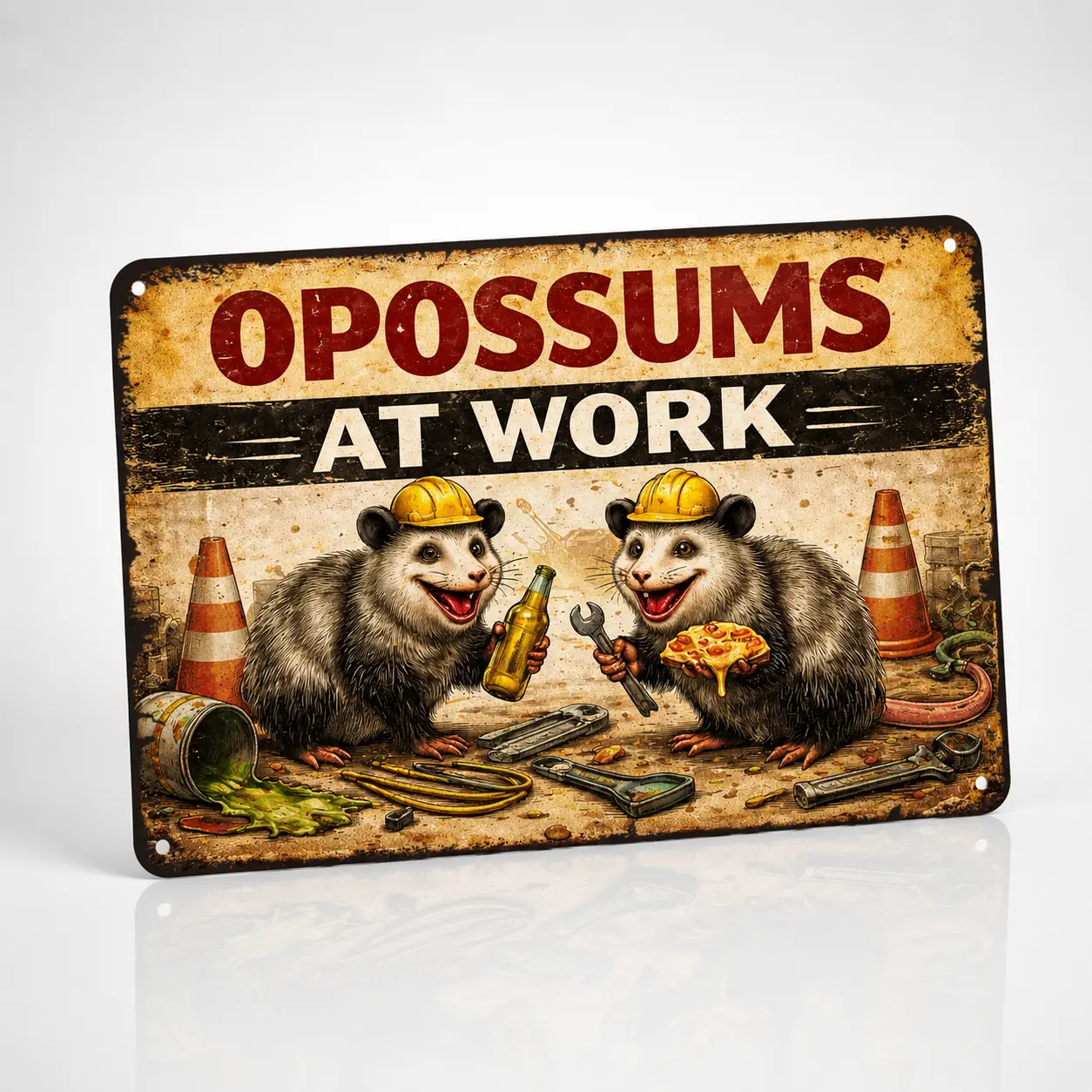 12x8 in Aluminium Opossums At Work Retro Metal Sign - Durable Novelty Collectibles, Playful Humorous Art Home Decor Plaque, Tool Shop Garage Decor - Ideal Gift (tiktokshopspringglowup, outdoorfun)