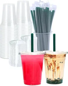 16 oz Clear Plastic Cups with Lids and STRAWS, Disposable Drinking Cups for Cold Drinks, Iced Coffee, Milkshakes, Smoothies, 25 Sets Pack Pet Party Supplies
