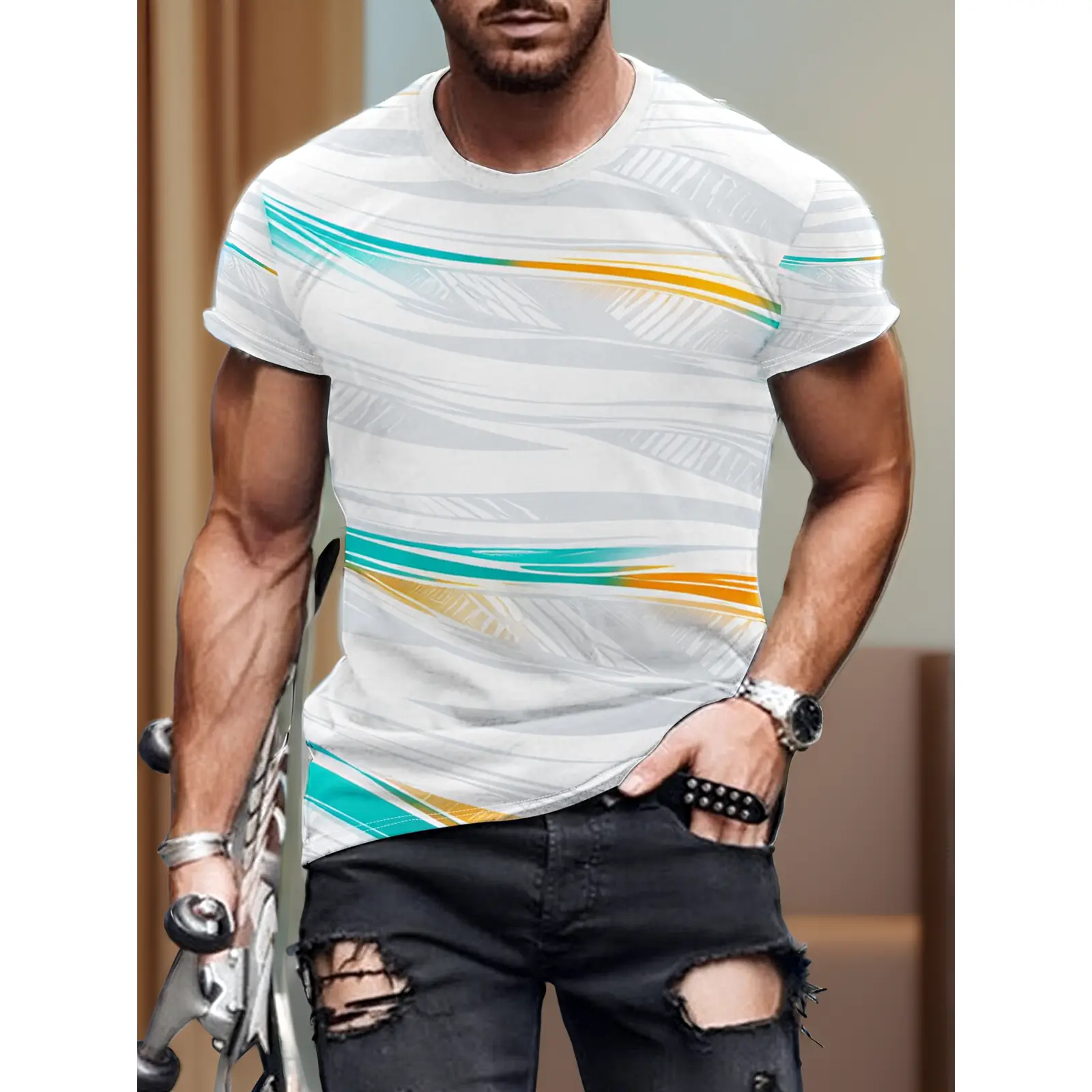 Men' Gradient Ombre Short-Sleeve T-Shirt - Full-Body Ombre Color Transition, Breathable Round Neck Casual Summer Top with Ombre Print, Machine Washable Suitable for Warm Weather, Versatile Wardrobe Essential for Spring, Summer, Fall Layering