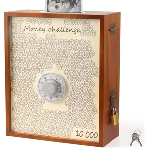 10000  Saving Box with Lock, Large Wooden 10k Savings Challenge Box $10,000    Challenge   Saving Box Saver  Number Piggy  for Adults , Brown
