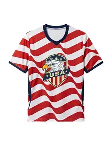 Patriotic USA Eagle Crest Soccer Jersey, featuring wavy red-white stripes and a bold American eagle emblem. Breathable mesh fabric, perfect for sports, Fourth of July events, and showing national pride in style.