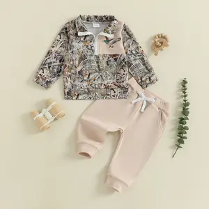 PYBCVRRD Toddler Baby Boy Fall Hunting Outfits Half Zip Long Sleeve Animal Mallard Duck Print Polo Shirt Pullover Tops Camouflage Pants 2Pcs Wild Clothes Set