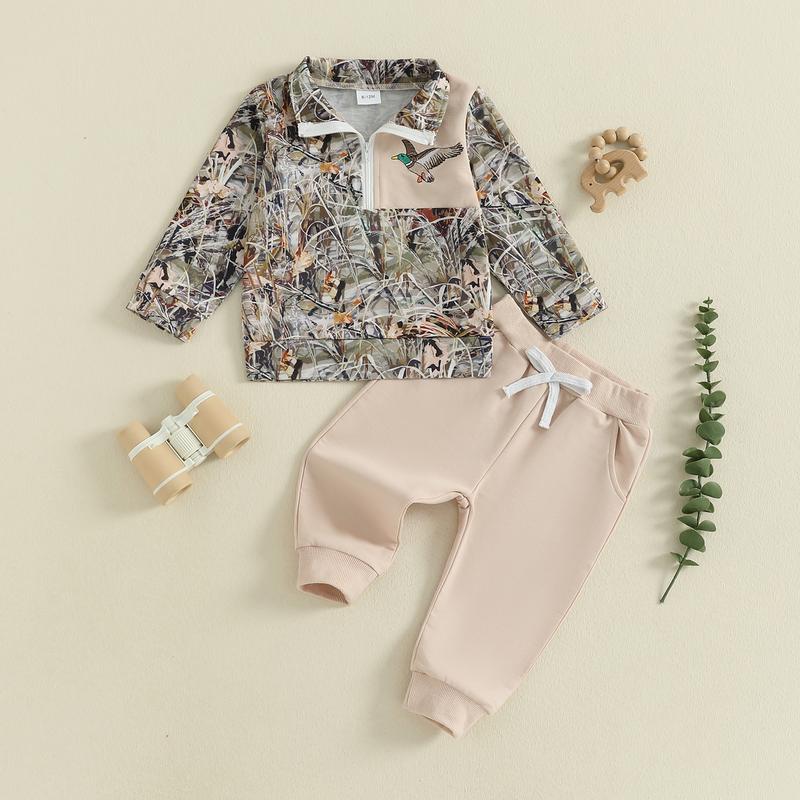 Babamoon Toddler Baby Boy Fall Hunting Outfits Half Zip Long Sleeve Animal Mallard Duck Print Pullover Tops Camouflage Pants 2Pcs Wild Clothes Set