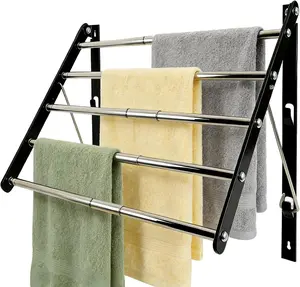 Wall Mounted Retractable Clothes Drying Rack 13''-23'', Space Saving Laundry Drying Rack with 5 Smooth Stainless Steel Rods for Bathroom Laundry Room Apartments, Black