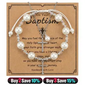 First Holy Communion Gifts for Girls Cross Pearl Necklace & Bracelets Set, Easter & Baptism Gifts for Kids, Christian Jewelry Meaningful Gifts for Daughters & Niece